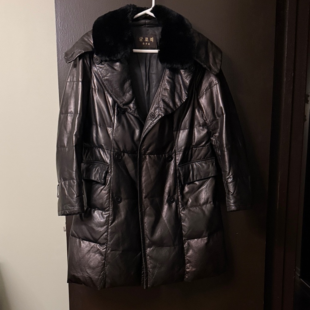 Black Double-Breasted Women's Leather and down filled coat with faux fur collar